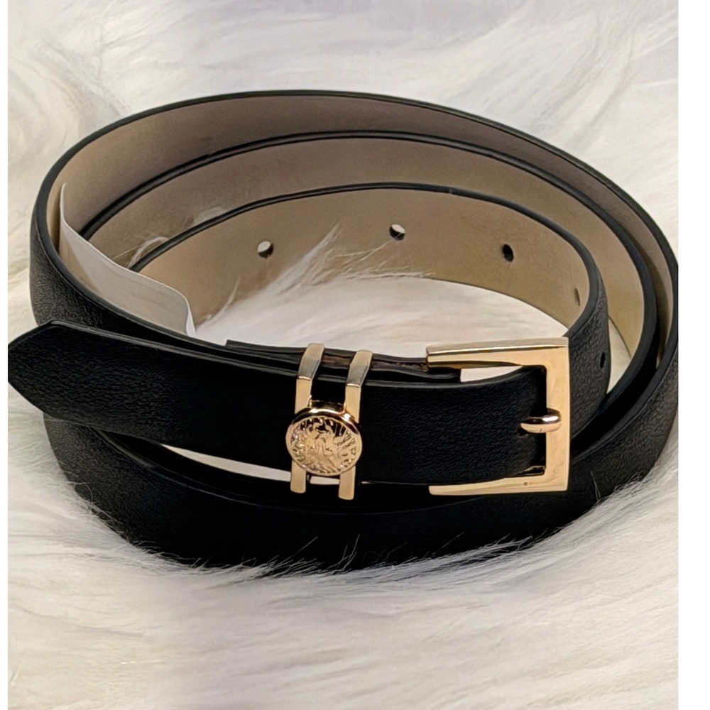 Black Faux Leather Skinny Belt Rose Gold Lion Medallion Medium